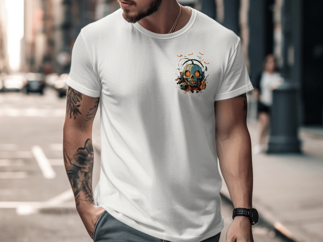 Man wearing a white t-shirt with a graphic design on a city street