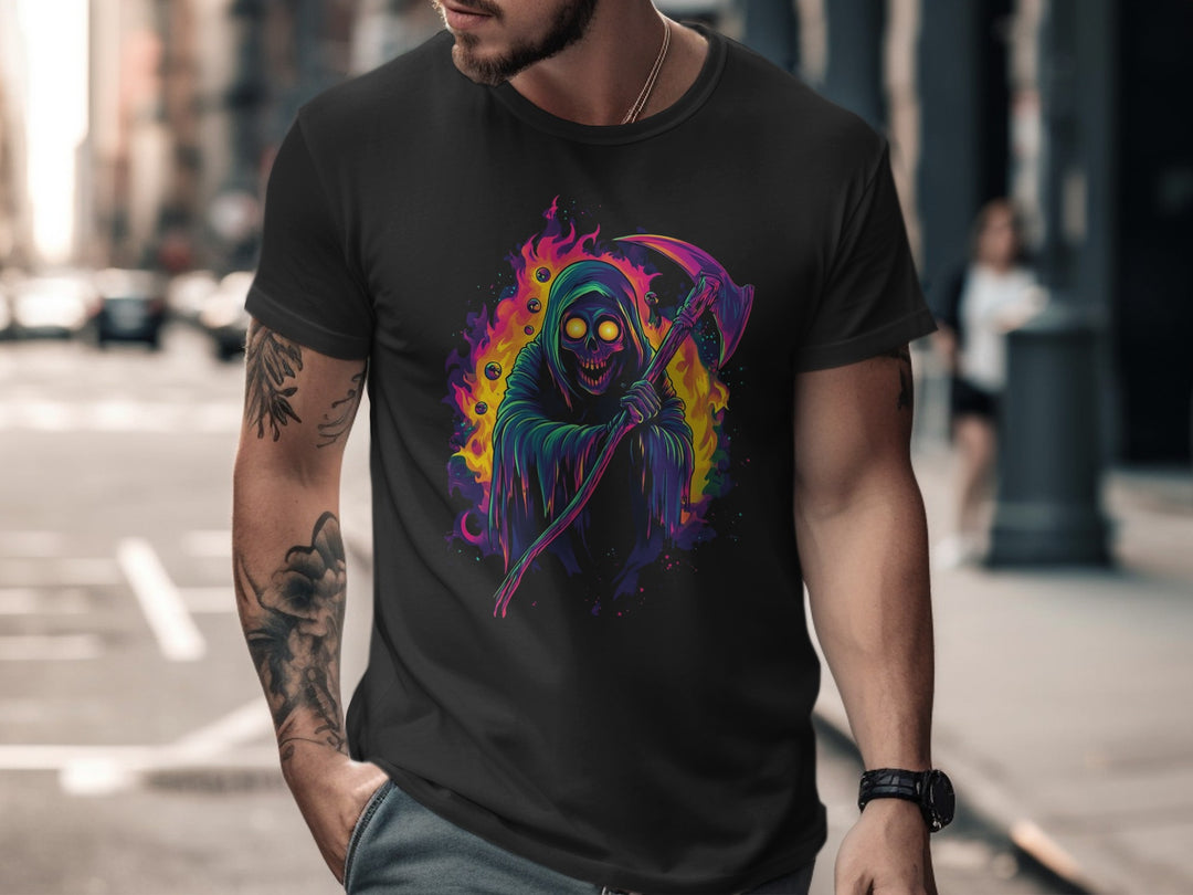 Person wearing a black t-shirt with a colorful graphic design of a skeleton holding a scythe on a city street.