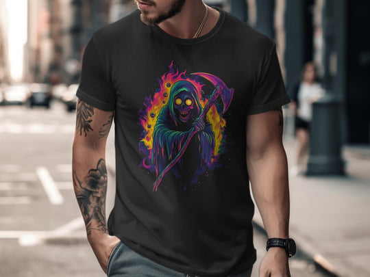 Person wearing a black t-shirt with a colorful graphic design of a skeleton holding a scythe on a city street.