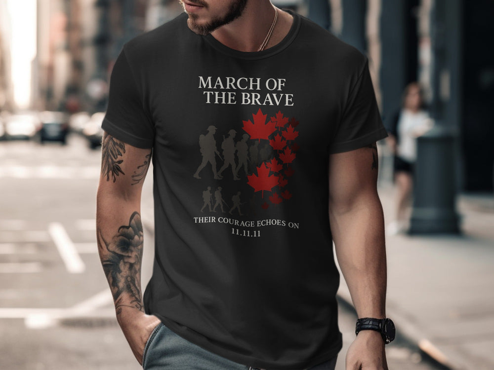 Man wearing a black t-shirt with 'March of the Brave' design on a city street.