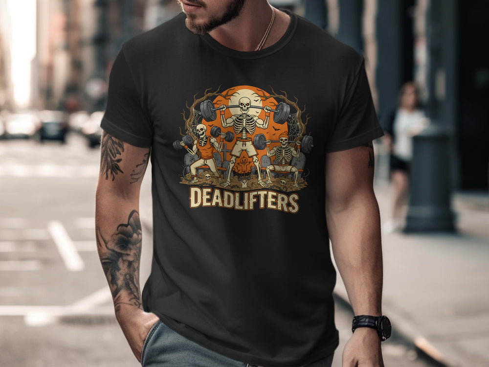 Man wearing a black t-shirt with 'DEADLIFTERS' graphic design on a city street.