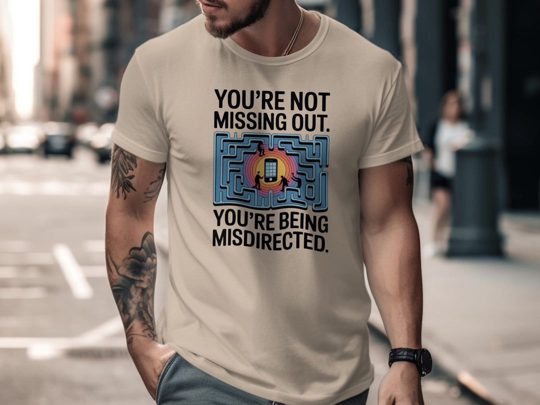 social media t-shirt men with maze phone graphic and “you’re not missing out” quote