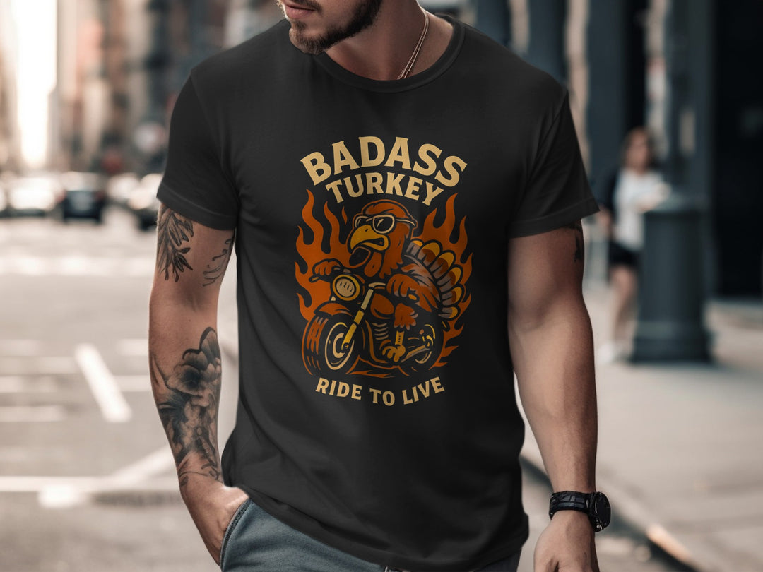 Man wearing a black t-shirt with 'Badass Turkey' graphic design on a city street.