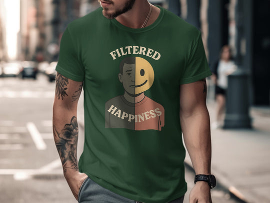 Man wearing a green t-shirt with a graphic design on a city street.