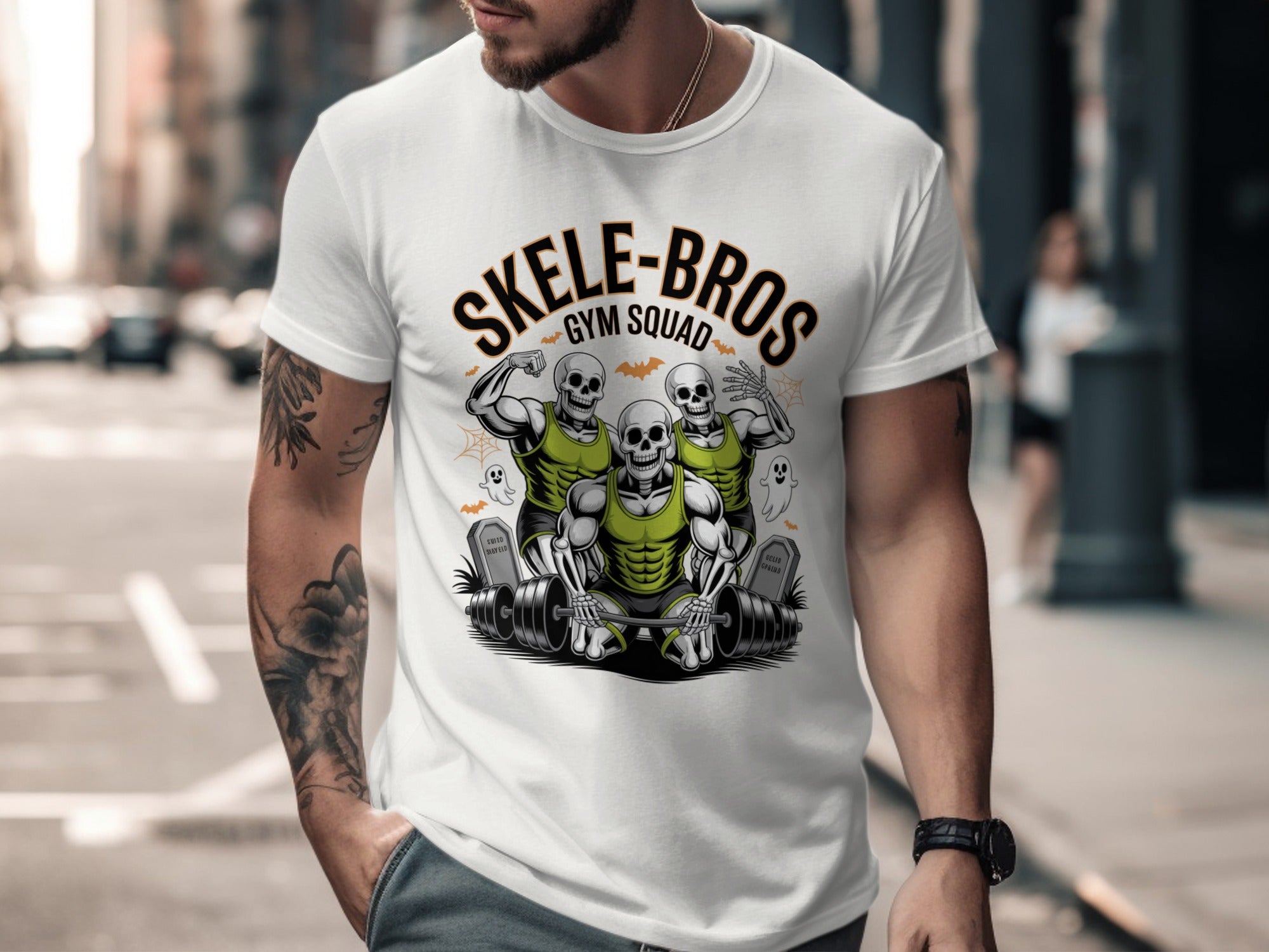 Person wearing a white t-shirt with 'SKELE-BROS GYM SQUAD' design on a city street.