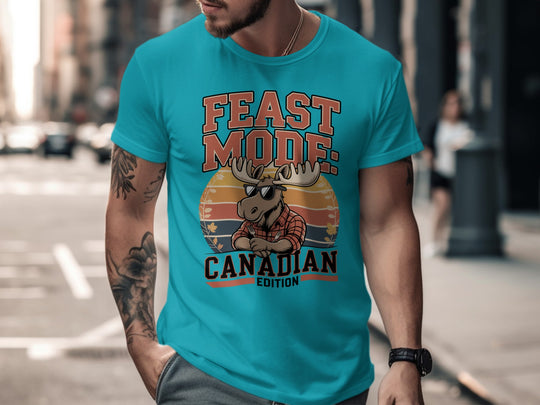 canadian thanksgiving t-shirt with feast mode moose graphic for men
