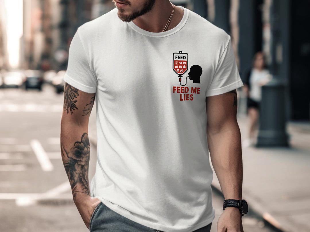 Man wearing a white t-shirt with a graphic design on a city street