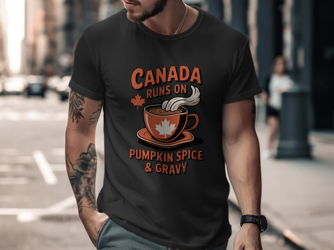 canadian thanksgiving t-shirt with maple cup “pumpkin spice & gravy” design for men