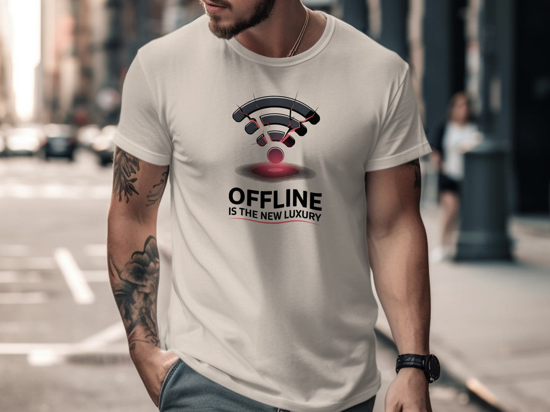 men wearing social media awareness t-shirt with cracked wifi “offline is the new luxury” graphic