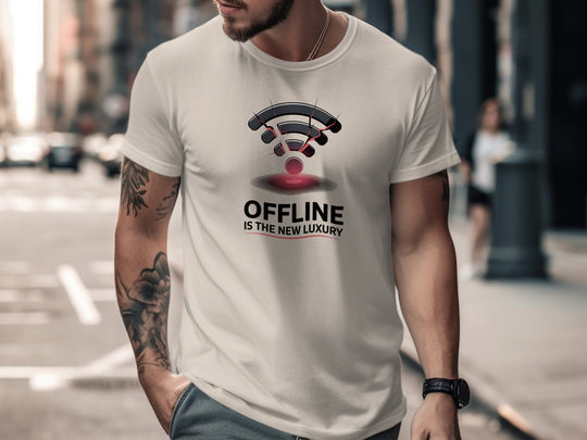 men wearing social media awareness t-shirt with cracked wifi “offline is the new luxury” graphic