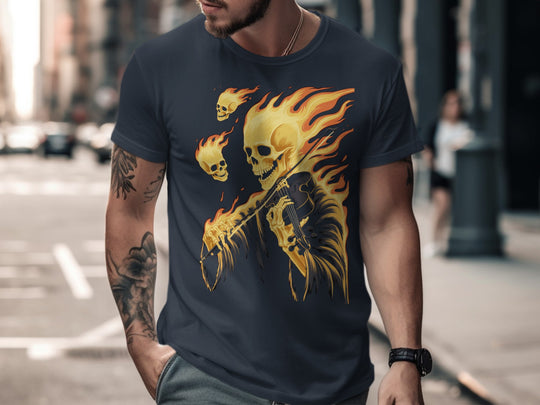 Man wearing a navy blue t-shirt with a fiery skull design on a city street.