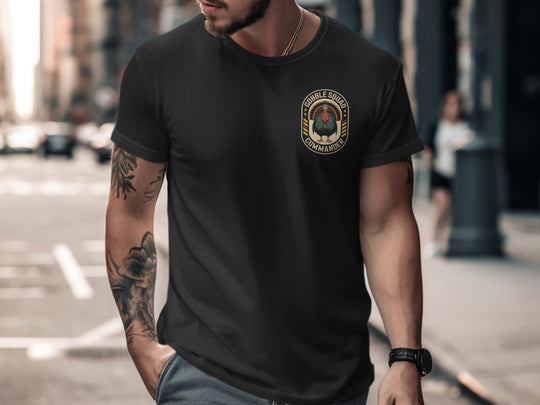 Man wearing a black t-shirt with a logo on a city street