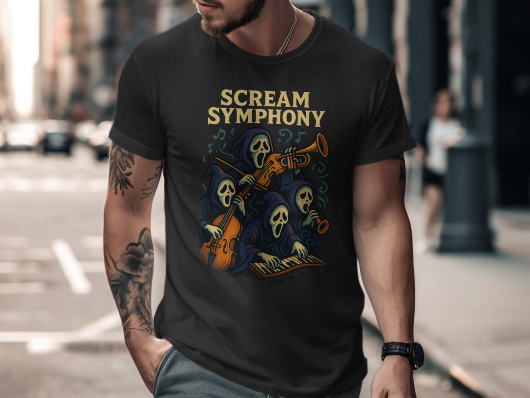 Man wearing a black t-shirt with 'Scream Symphony' design on a city street.