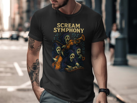 Man wearing a black t-shirt with 'Scream Symphony' design on a city street.