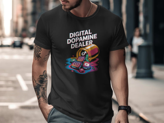 Man wearing a black t-shirt with 'Digital Dopamine Dealer' design on a city street.