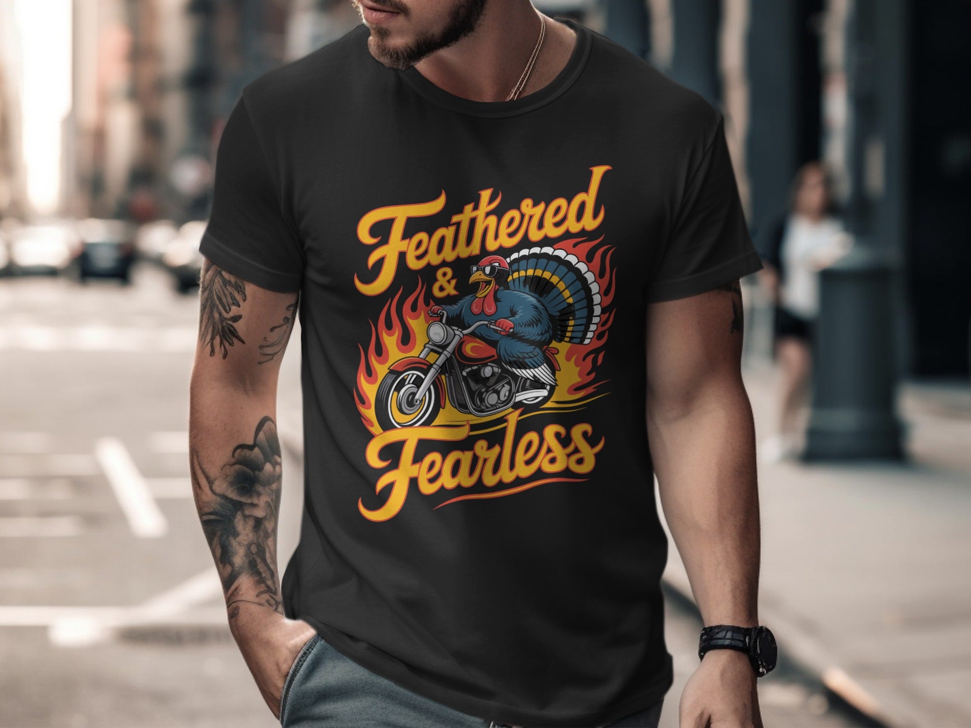 Thanksgiving turkey t-shirt with biker turkey “Feathered & Fearless” flame design for men