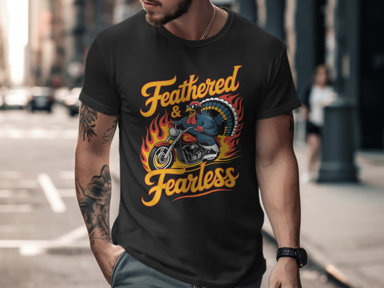 Thanksgiving turkey t-shirt with biker turkey “Feathered & Fearless” flame design for men