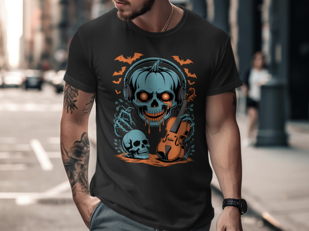 Person wearing a black t-shirt with a Halloween-themed design featuring a skull and pumpkins on a city street.