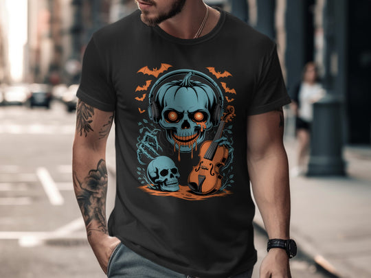 Person wearing a black t-shirt with a Halloween-themed design featuring a skull and pumpkins on a city street.