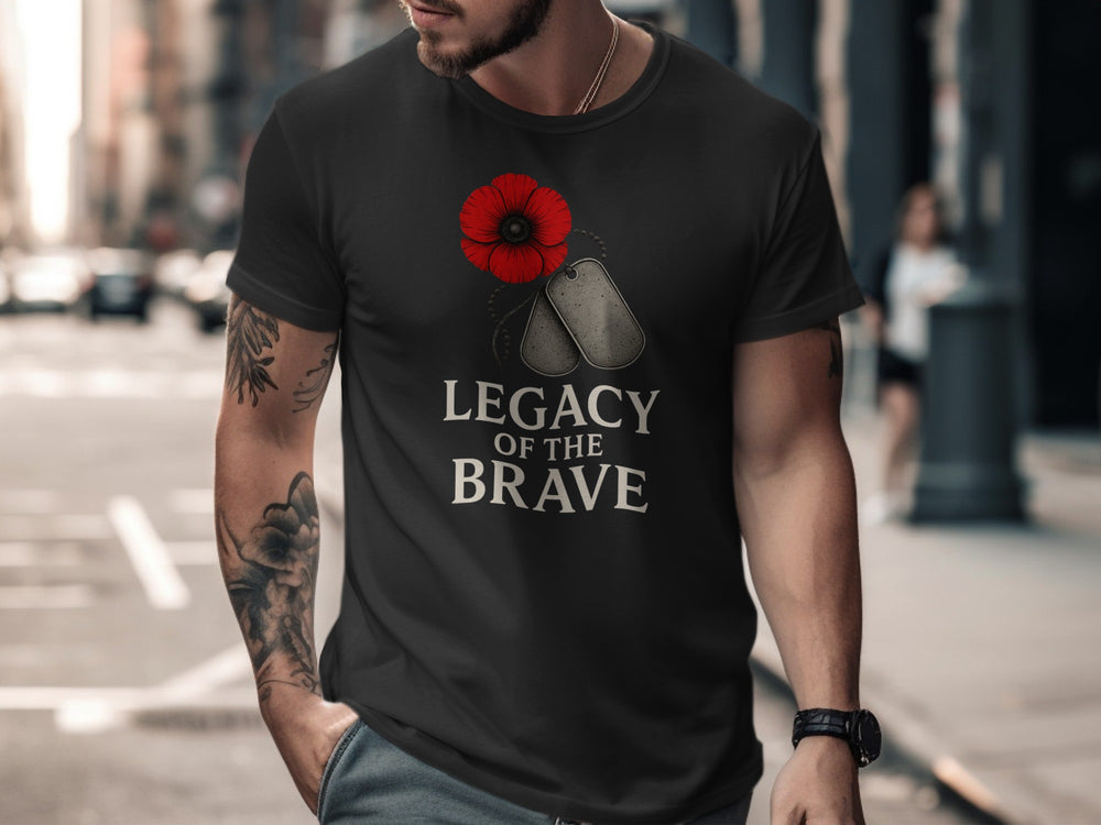Man wearing a black t-shirt with a red poppy and dog tags design, walking on a city street.
