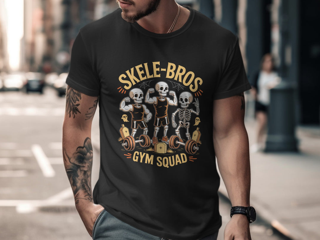 Man wearing a black t-shirt with 'Skele-Bros Gym Squad' design on a city street.