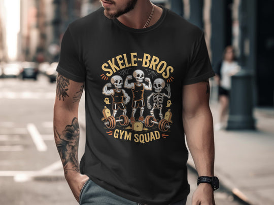 Man wearing a black t-shirt with 'Skele-Bros Gym Squad' design on a city street.