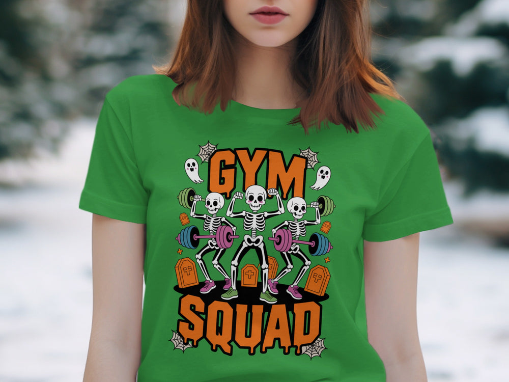Women’s Halloween T-Shirt with Gym Squad skeleton weightlifting graphic
