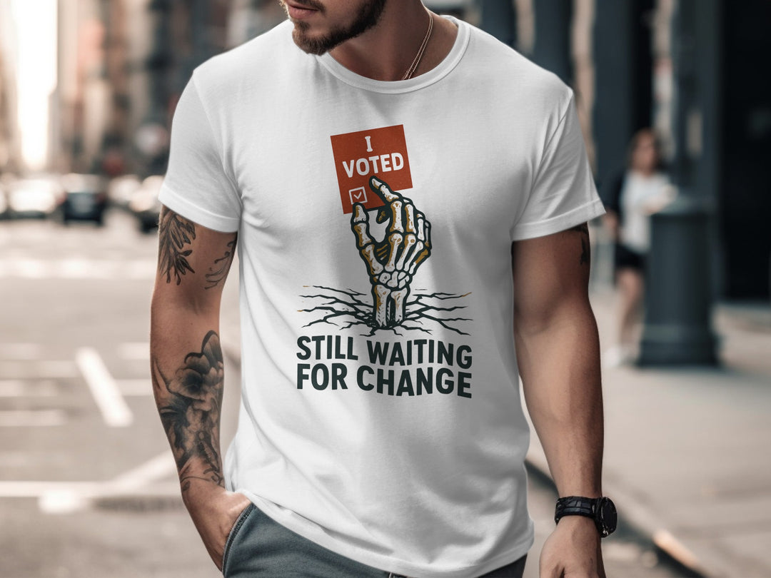 Man wearing a white t-shirt with a graphic design and text on a city street.