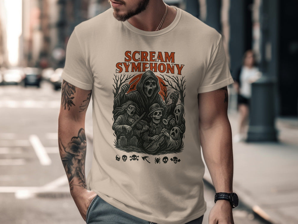 Man wearing a t-shirt with 'Scream Symphony' graphic design on a city street.