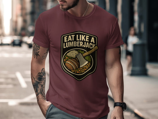 Lumberjack Thanksgiving T-shirt with axe over plate badge; “Eat Like a Lumberjack”