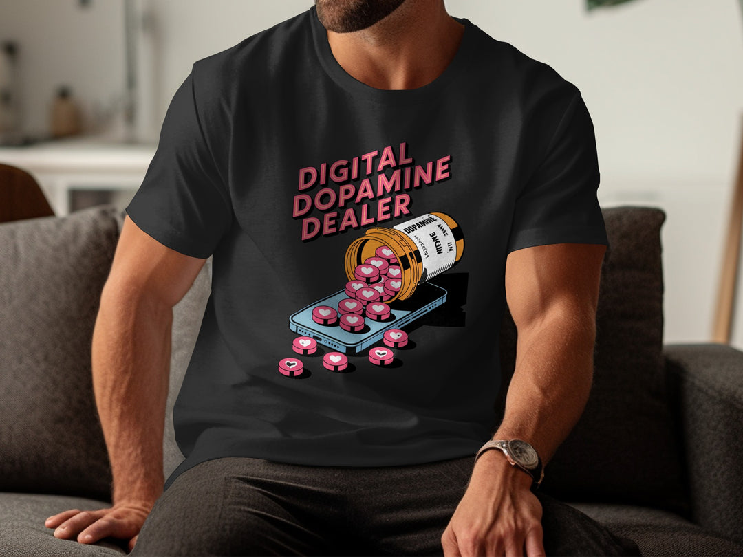 Person wearing a black t-shirt with 'Digital Dopamine Dealer' graphic design.