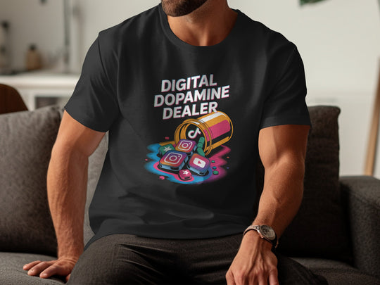 Person wearing a black t-shirt with 'Digital Dopamine Dealer' graphic design.
