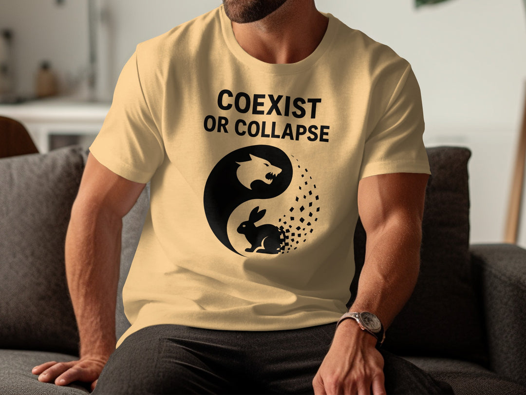 Person wearing a beige t-shirt with 'Coexist or Collapse' design and yin yang symbol.