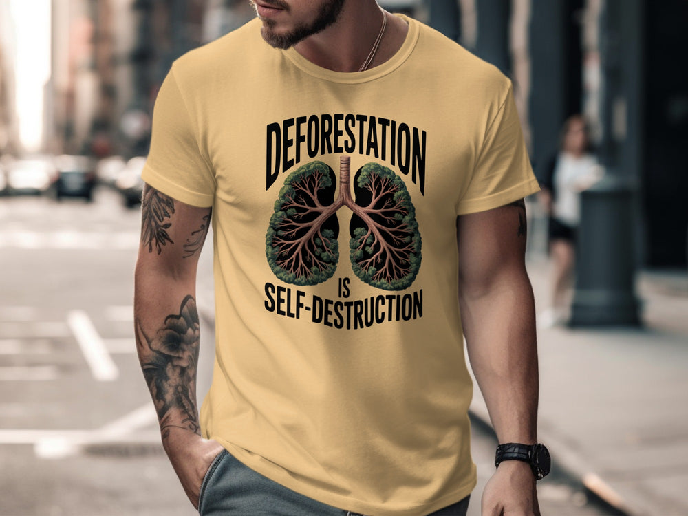 Person wearing a yellow t-shirt with a graphic and text on a city street.