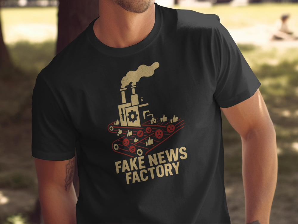 Black t-shirt with 'Fake News Factory' graphic design on a blurred outdoor background