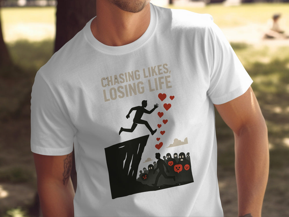 Person wearing a white t-shirt with a graphic design and text in an outdoor setting