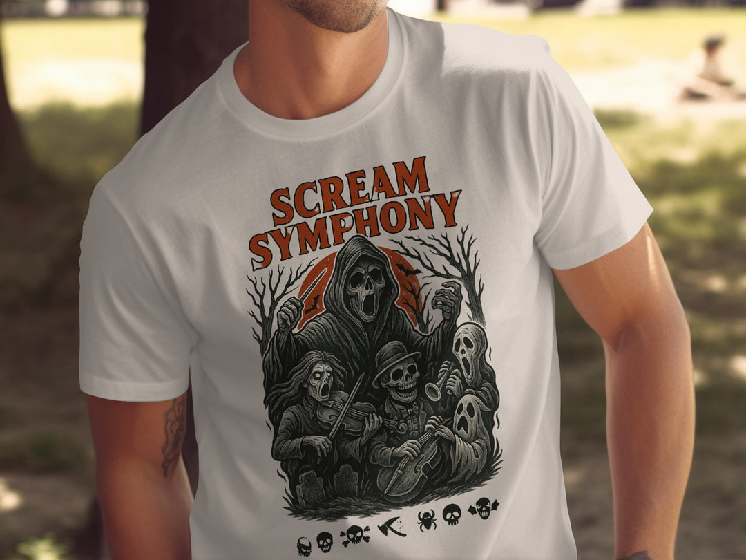 Person wearing a natural color t-shirt with 'Scream Symphony' graphic design outdoors.