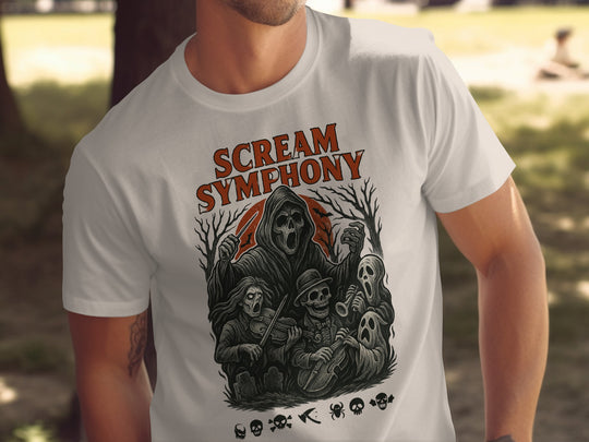Person wearing a natural color t-shirt with 'Scream Symphony' graphic design outdoors.