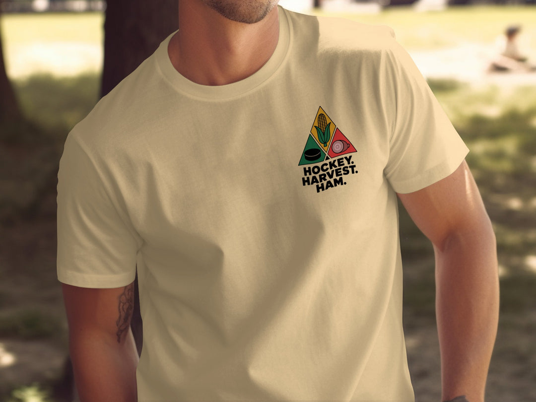Thanksgiving hockey t-shirt with corn, puck, and ham triangle graphic for men