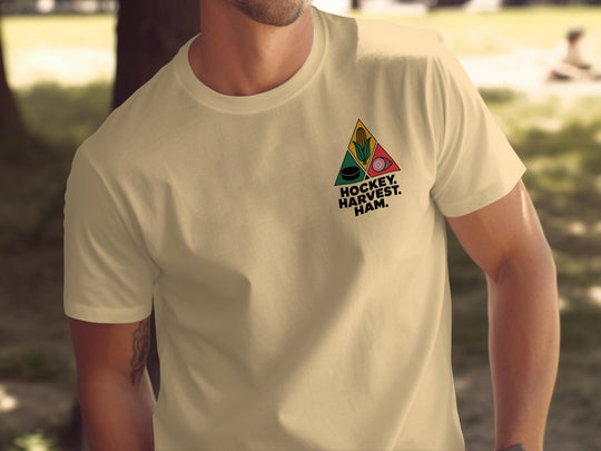 Thanksgiving hockey t-shirt with corn, puck, and ham triangle graphic for men