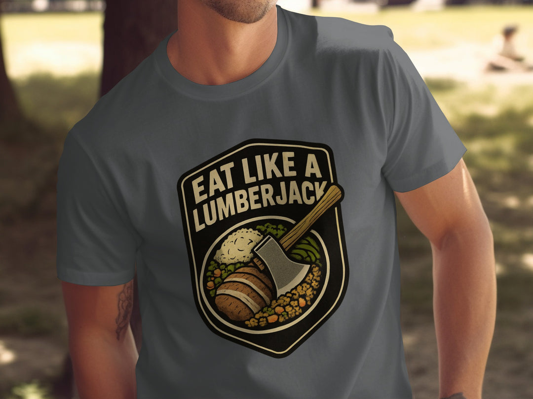 Lumberjack Thanksgiving T-shirt with axe over plate badge; “Eat Like a Lumberjack”