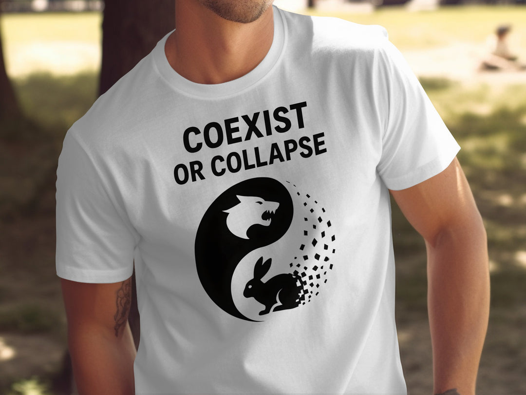 Person wearing a white t-shirt with 'Coexist or Collapse' design featuring a yin yang symbol with a wolf and rabbit.