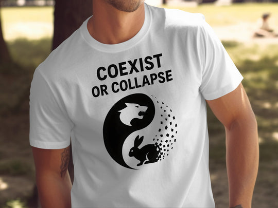 Person wearing a white t-shirt with 'Coexist or Collapse' design featuring a yin yang symbol with a wolf and rabbit.