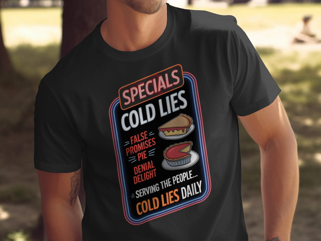 Black t-shirt with a graphic design featuring text and images of food items.