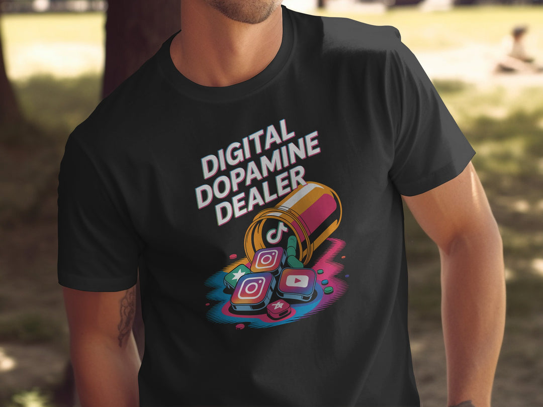 Black t-shirt with 'Digital Dopamine Dealer' graphic design featuring social media icons.