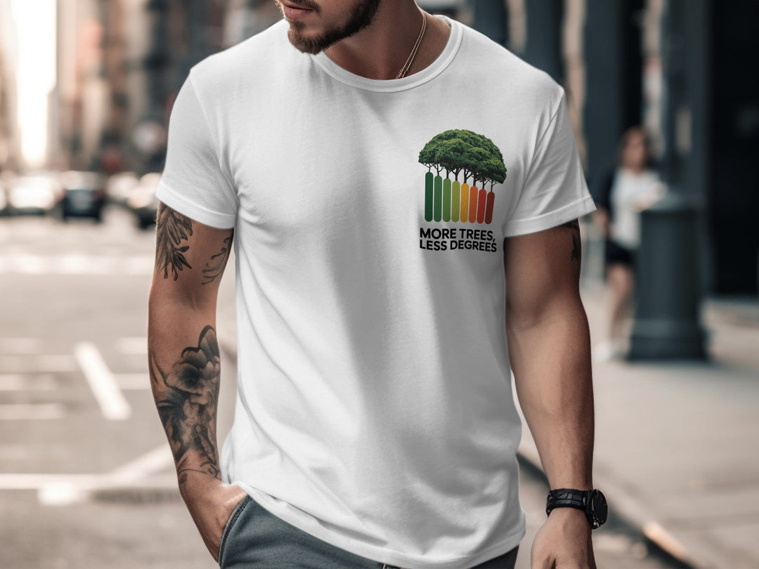 Man wearing a white t-shirt with a graphic design on a city street