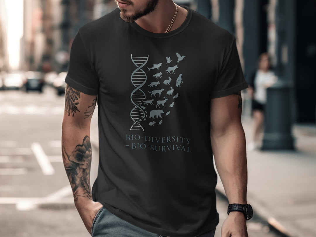 Man wearing a black t-shirt with a graphic design on a city street