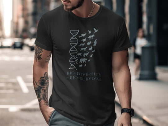 Man wearing a black t-shirt with a graphic design on a city street