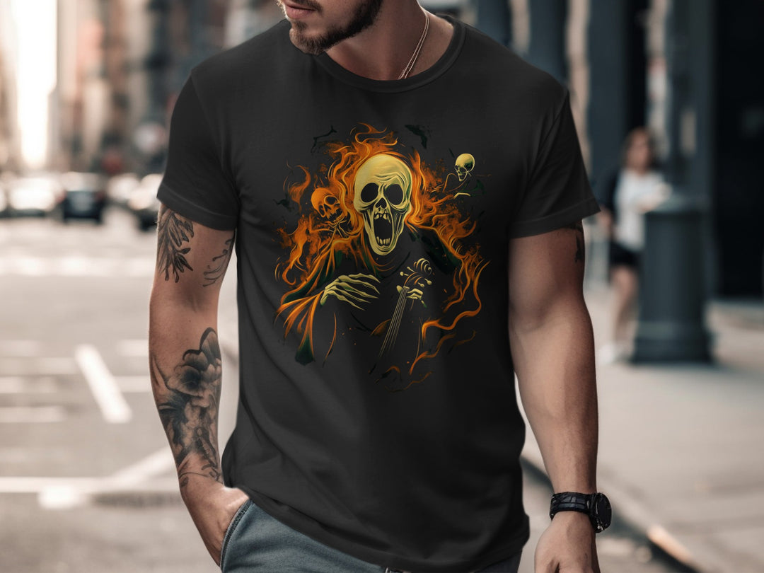 Man wearing a black t-shirt with a graphic design of a skeleton and flames on a city street.