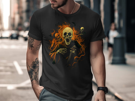 Man wearing a black t-shirt with a graphic design of a skeleton and flames on a city street.